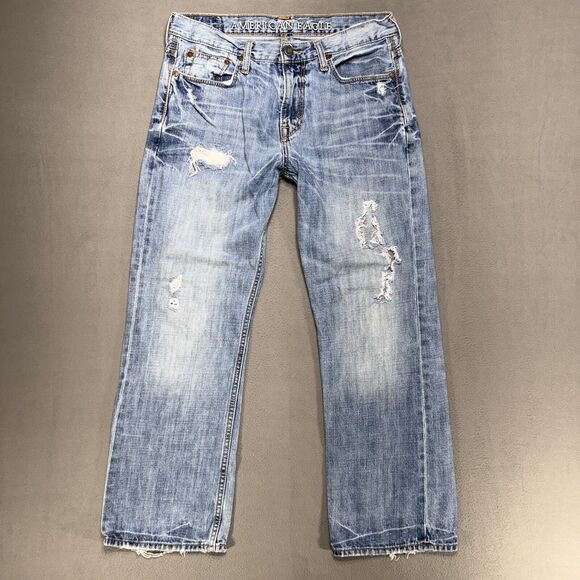 American Eagle Jeans Men 32x29 Blue Bootcut Ripped Stained Grunge American Denim - Picture 1 of 12